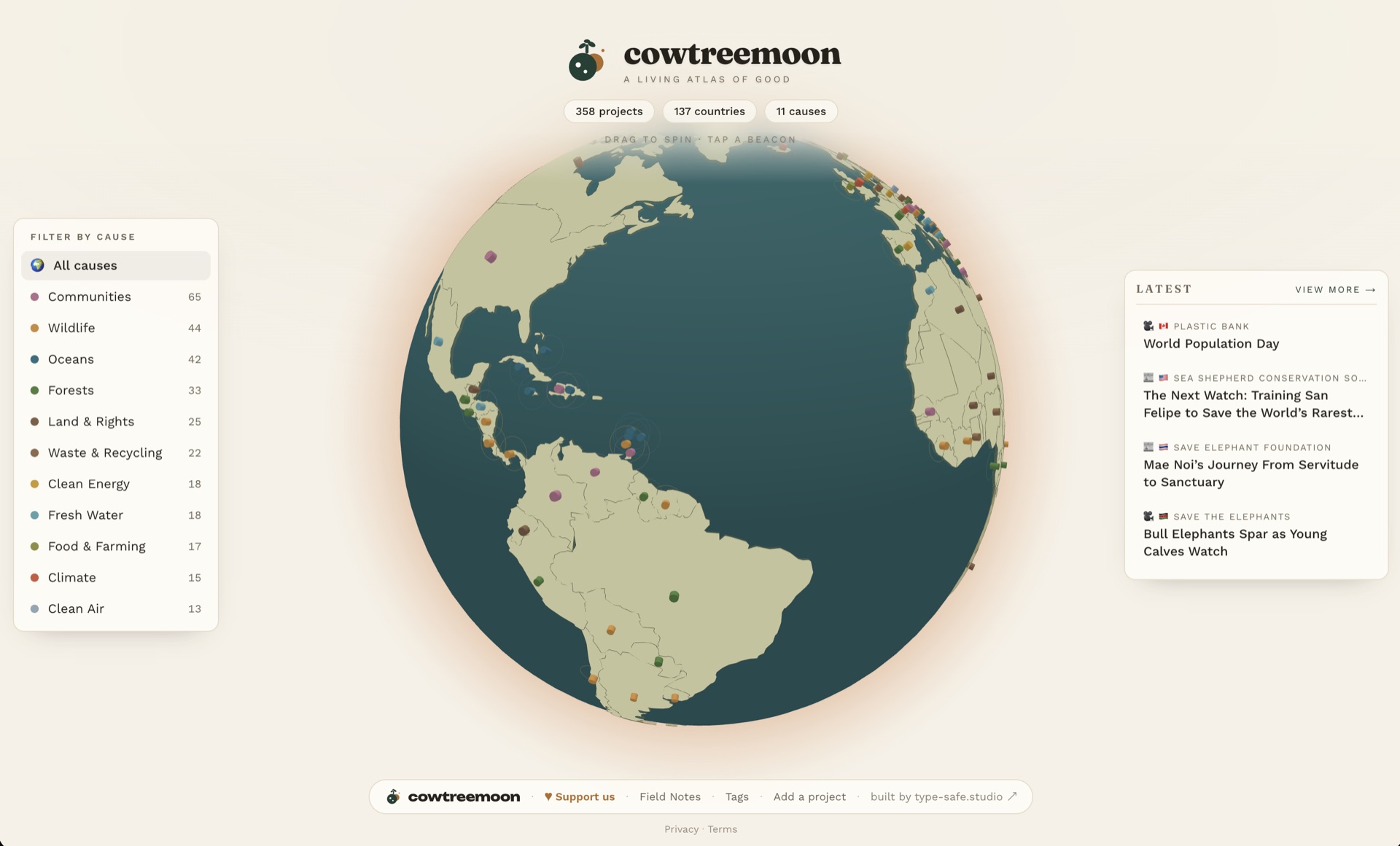 CowTreeMoon — interactive globe mapping environmental and social projects worldwide